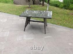 Outdoor Garden Furniture Rattan Dining Table Clear Tempered Glass Top Grey Mixed