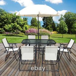 Outdoor Garden Patio Furniture 8pc Set 6 Folding Chairs Glass Table & Parasol
