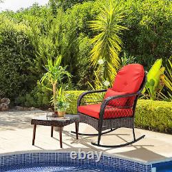 Outdoor Garden Rattan Furniture Set Wicker Metal Rocking Armchair withRed Cushions