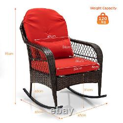 Outdoor Garden Rattan Furniture Set Wicker Metal Rocking Armchair withRed Cushions