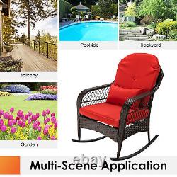 Outdoor Garden Rattan Furniture Set Wicker Metal Rocking Armchair withRed Cushions