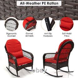 Outdoor Garden Rattan Furniture Set Wicker Metal Rocking Armchair withRed Cushions