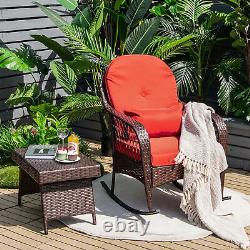 Outdoor Garden Rattan Furniture Set Wicker Metal Rocking Armchair withRed Cushions