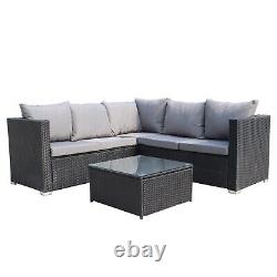 Outdoor L-Shape Rattan Sofa Glass Coffee Table 5-Seat Garden Furniture Set Black