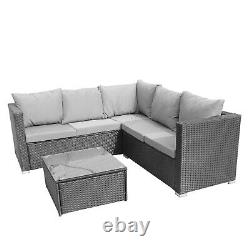 Outdoor L-Shape Rattan Sofa Glass Coffee Table 5-Seat Garden Furniture Set Black