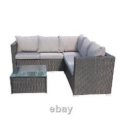 Outdoor L-Shape Rattan Sofa Glass Coffee Table 5-Seat Garden Furniture Set Black