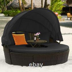 Outdoor Rattan Daybed Garden Patio Sectional Furniture Set With Retractable Canopy