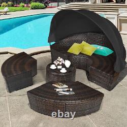 Outdoor Rattan Daybed Garden Patio Sectional Furniture Set With Retractable Canopy