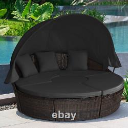 Outdoor Rattan Daybed Garden Patio Sectional Furniture Set With Retractable Canopy