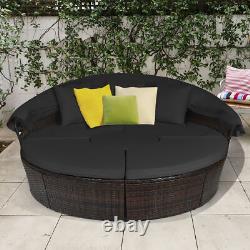 Outdoor Rattan Daybed Garden Patio Sectional Furniture Set With Retractable Canopy