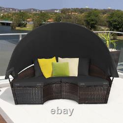 Outdoor Rattan Daybed Garden Patio Sectional Furniture Set With Retractable Canopy