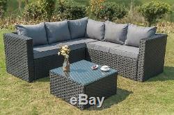 Outdoor Rattan Garden Furniture 5 Seater Corner Sofa Patio Set Black with Cover