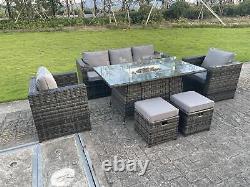 Outdoor Rattan Garden Furniture Sets Gas Fire Pit Dining Table Sets Dark Grey