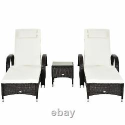Outsunny 3 PCS Rattan Lounger Recliner Bed Garden Furniture Set with Side Table