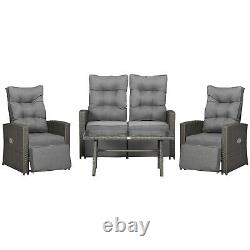 Outsunny 4 Piece Rattan Garden Furniture Set with Sofa, Glass Table, Grey