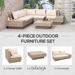 Outsunny 4Pcs Rattan Sofa Set Garden Furniture Set with Armrest Cushions Beige