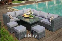 PAPAVER RANGE 9 Seater Rattan Corner Sofa & Dining Set Garden Furniture Grey