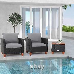 PE Rattan Chair Storage Table Set 3 PCS Acacia Garden Furniture Set With Cushions