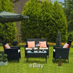 Patio Black Rattan Garden Furniture 4Piece Set Table Chairs sofa cushion Outdoor