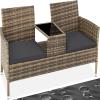 Poly Rattan Bench Glass Table Garden Furniture 2 Seats Wicker Patio Balcony New