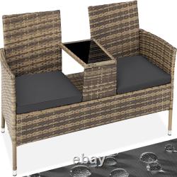 Poly Rattan Bench Glass Table Garden Furniture 2 Seats Wicker Patio Balcony New