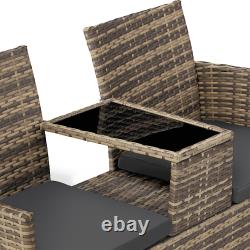 Poly Rattan Bench Glass Table Garden Furniture 2 Seats Wicker Patio Balcony New