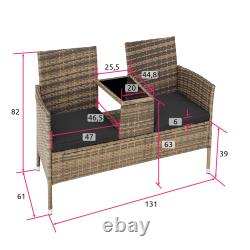 Poly Rattan Bench Glass Table Garden Furniture 2 Seats Wicker Patio Balcony New