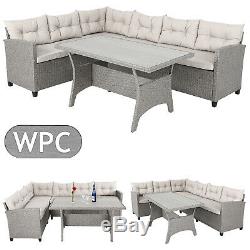Poly Rattan Garden Furniture Dining Table Chairs Set WPC Corner Lounge Cream New