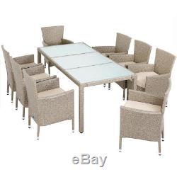 Poly Rattan Table Chairs Set Garden Patio Furniture Beige Cream 8+1 Dining