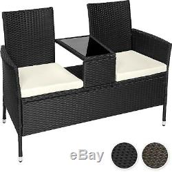 Poly rattan bench with glass table garden furniture 2 seats wicker patio