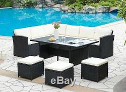 Rattan Corner Garden Furniture Set Black Grey Dining Table Outdoor Patio Set
