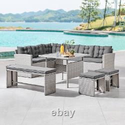 Rattan Corner Garden Furniture Set Outdoor Dining Sofa Group Table & Bench Stool