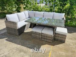 Rattan Corner Garden Furniture Set Outdoor Dining Sofa Group Table & Stools