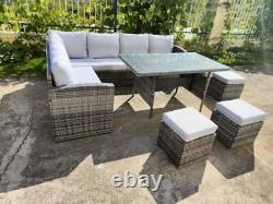Rattan Corner Garden Furniture Set Outdoor Dining Sofa Group Table & Stools