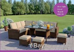 Rattan Corner Garden Sofa Dining Table Set Furniture Black Brown Grey FREE COVER