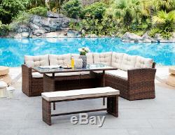 Rattan Corner Group Garden Furniture Set Outdoor Dining Sofa Set Table & Bench