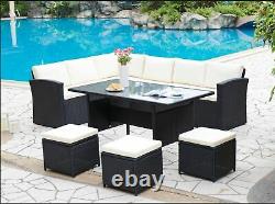 Rattan Corner Group Garden Furniture Set Outdoor Dining Table Sofa Stool Set