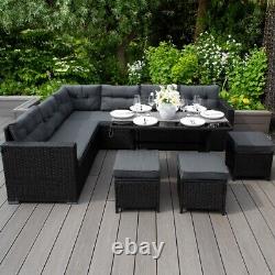 Rattan Corner Set Garden Furniture Black Sofa Stools Table Waterproof Cushions