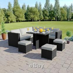 Rattan Corner Sofa Dining Table Garden Furniture Set Stools Grey Black 7 Seater