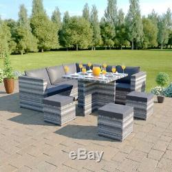 Rattan Corner Sofa Dining Table Garden Furniture Set Stools Grey Black 7 Seater