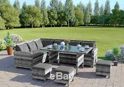 Rattan Corner Sofa Garden Patio Furniture Set Dining Table Stools Grey 9 Seater