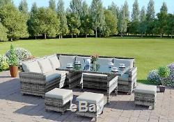 Rattan Corner Sofa Garden Patio Furniture Set Dining Table Stools Grey 9 Seater