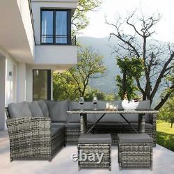 Rattan Corner Sofa Garden Patio Furniture Set Dining Table Stools Grey 9 Seater