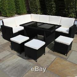 Rattan Garden Corner Sofa Furniture Dining Set Table Black / FREE Rain Cover