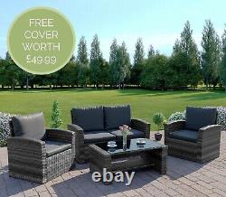 Rattan Garden Furniture 4 Seat Sofa Set Grey Black Brown Armchairs FREE COVER