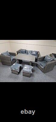 Rattan Garden Furniture 7 seater Set, Grey Sofa Rectangle Dining Table Armchairs