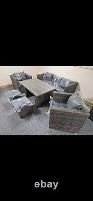 Rattan Garden Furniture 7 seater Set, Grey Sofa Rectangle Dining Table Armchairs