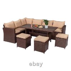 Rattan Garden Furniture 9-10 Seater Corner Sofa Stool Dining Table Outdoor Set