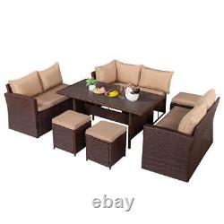 Rattan Garden Furniture 9-10 Seater Corner Sofa Stool Dining Table Outdoor Set