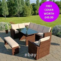 Rattan Garden Furniture 9 Seater Corner Dining Table Bench & Armchair FREE COVER